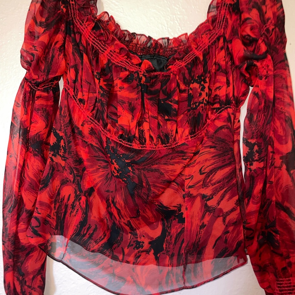 David Meister Red & Black Floral Blouse